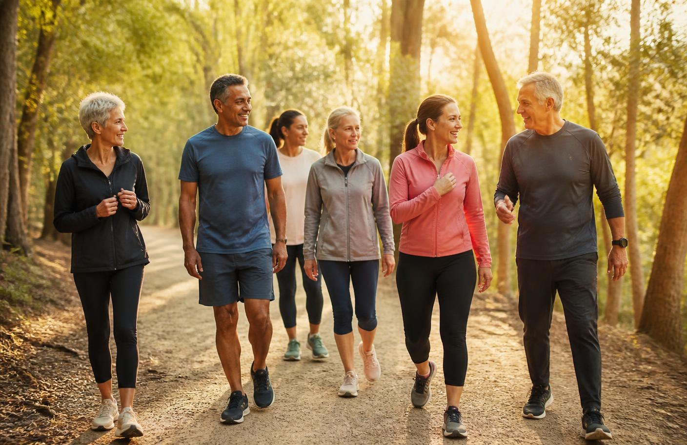 Active adults walking together on a sunlit trail