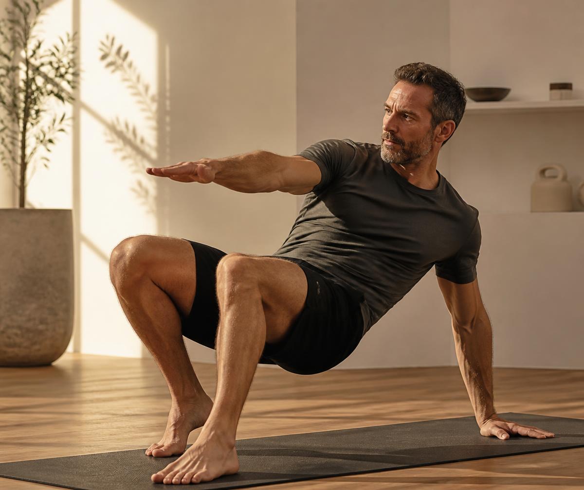 Man performing a controlled mobility exercise in a sunlit studio